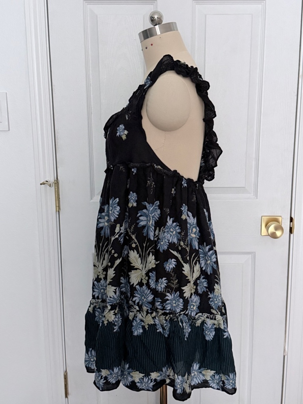 Free People Black and Blue Floral Mini Dress with Ruffles - Picture 6 of 16